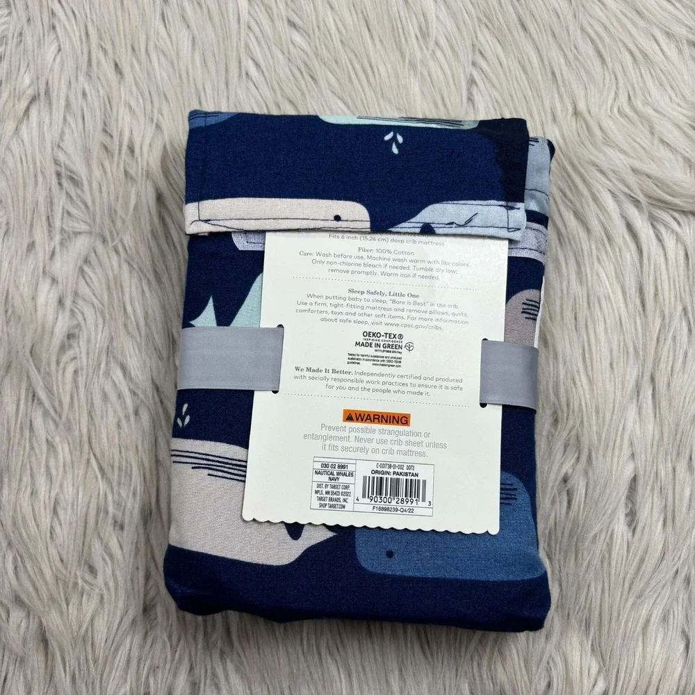 NEW Cloud Island Fitted Crib Sheet 100% Cotton Navy Blue Gray‎ Whale Print
